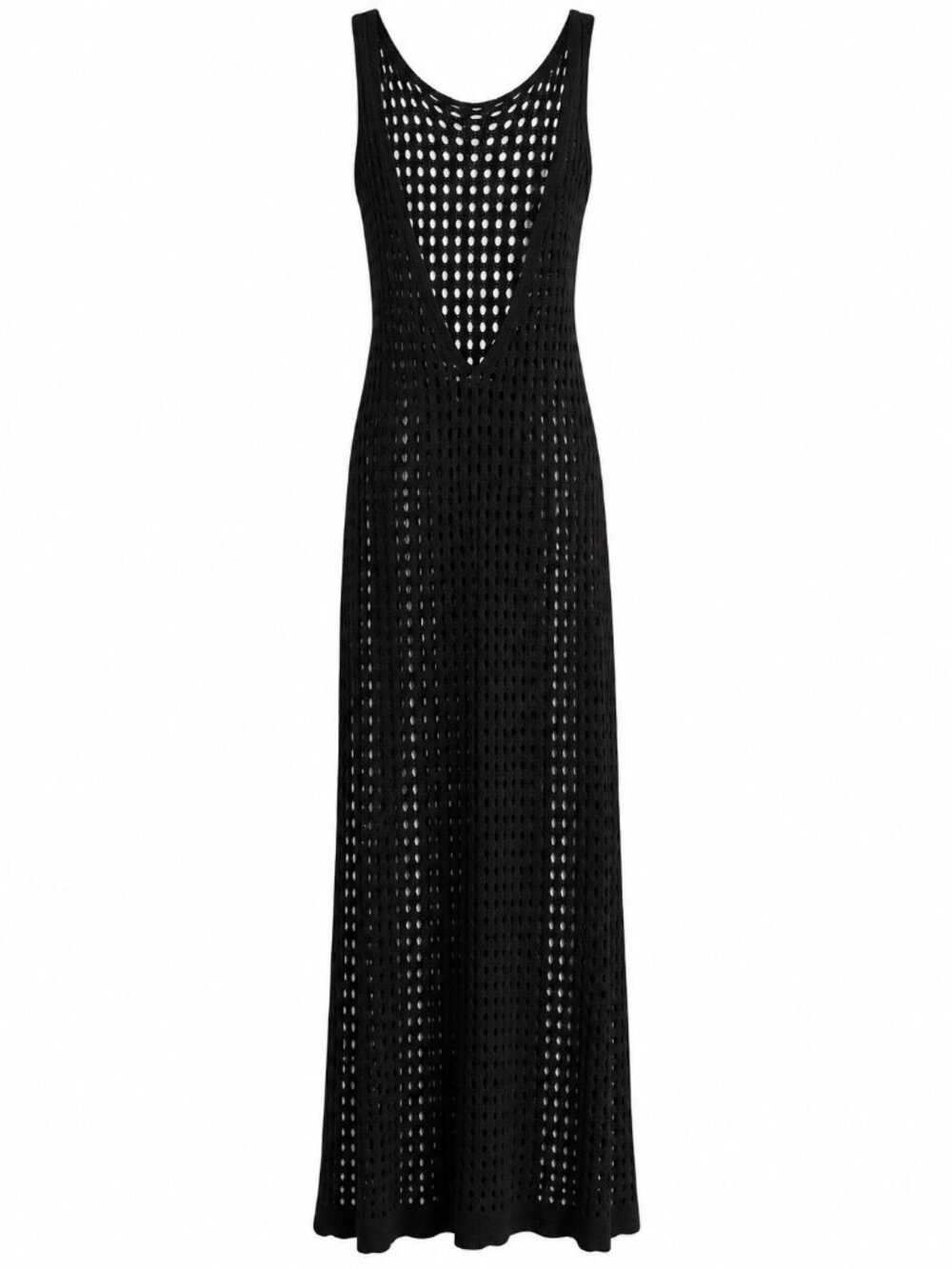 Black Open-Knit Maxi Dress With Deep V-Neckline Sleeveless Lightweight & Breatha